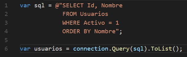 Ejemplo de código con Dapper